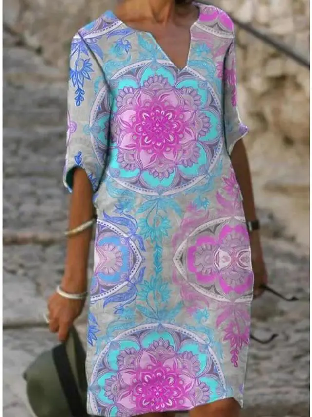 2022 Printed Linen Floral Short Sleeve Women's Dress - Image 5