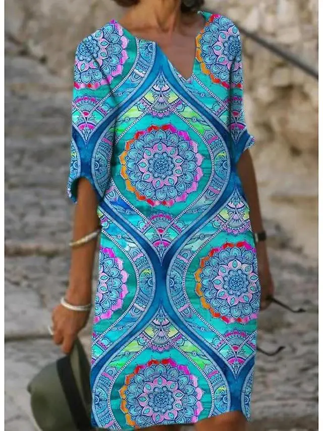 2022 Printed Linen Floral Short Sleeve Women's Dress - Image 6