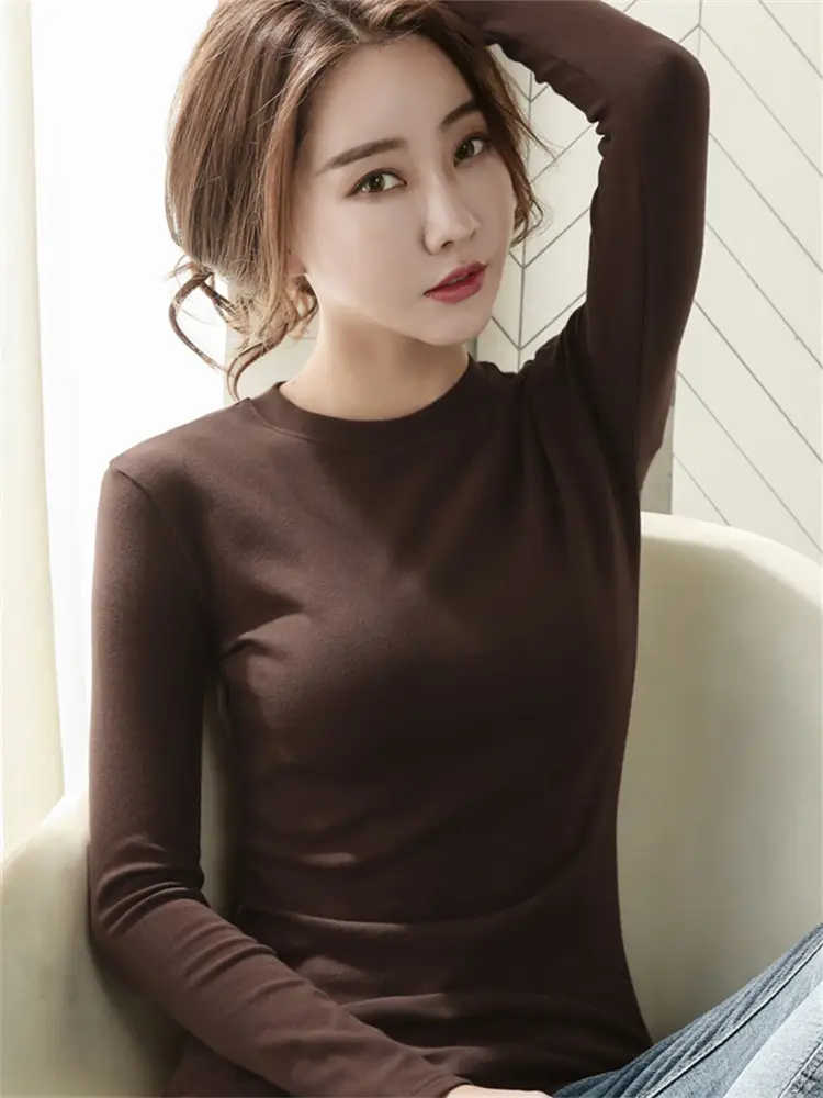 Women Brown Long Sleeve Slim Fit T-Shirt - Image 9