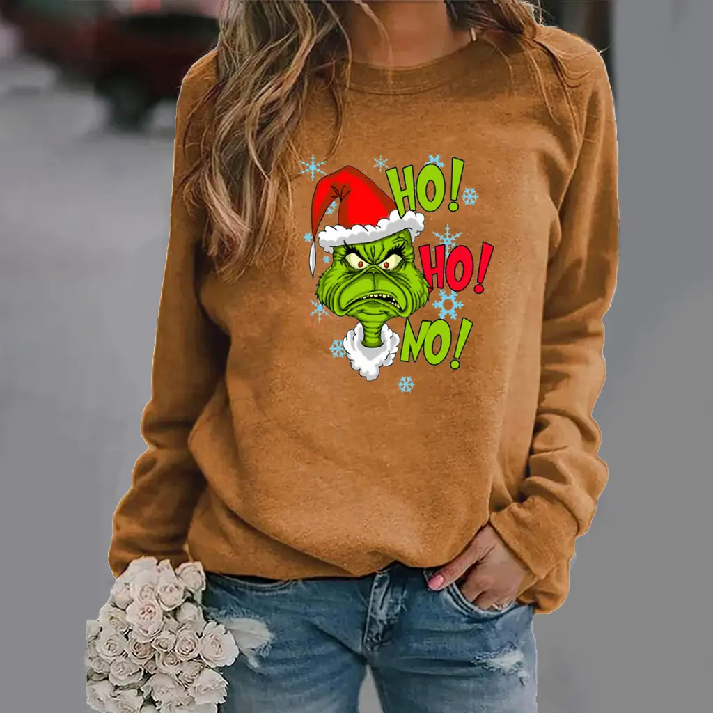 Women Christmas Print Long Sleeve Sweatshirt Brown - Image 2