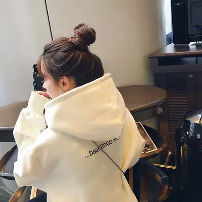 Women Korean Hoodie White Fleece Long Sleeve - Image 3