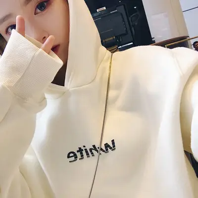 Women Korean Hoodie White Fleece Long Sleeve - Image 5
