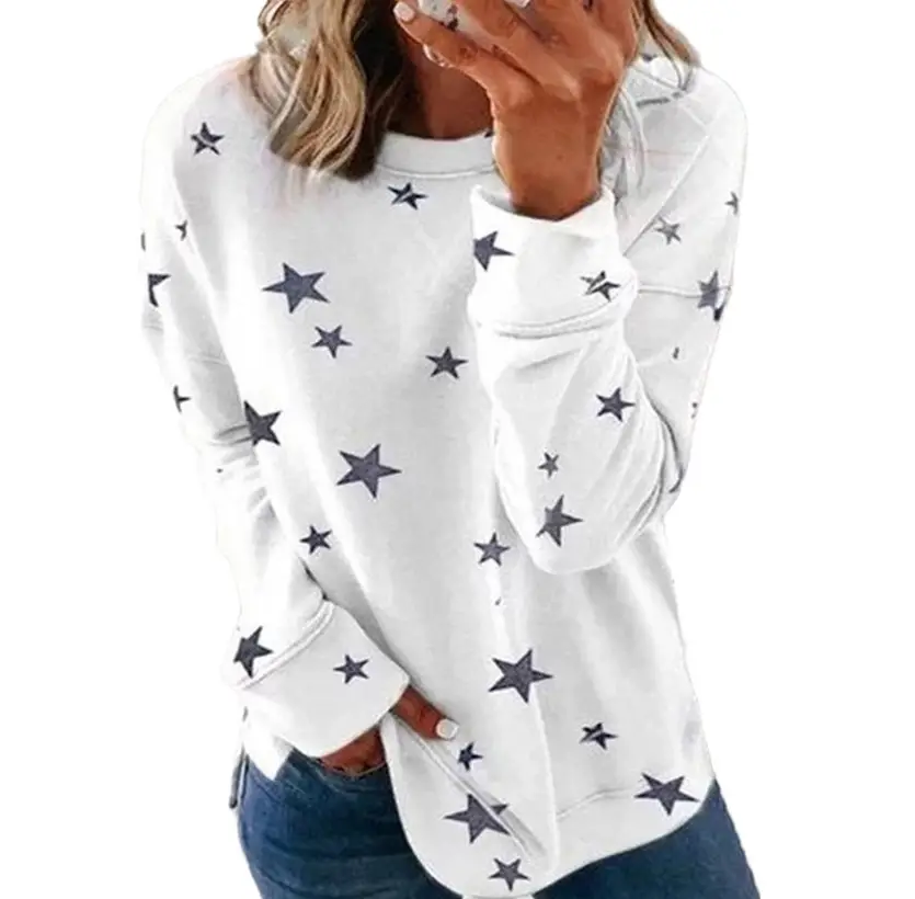 Women Star Print Long Sleeve T-Shirt White Large