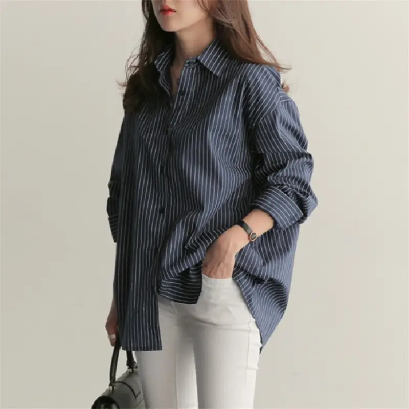 Women Blue Striped Long Sleeve Shirt Large