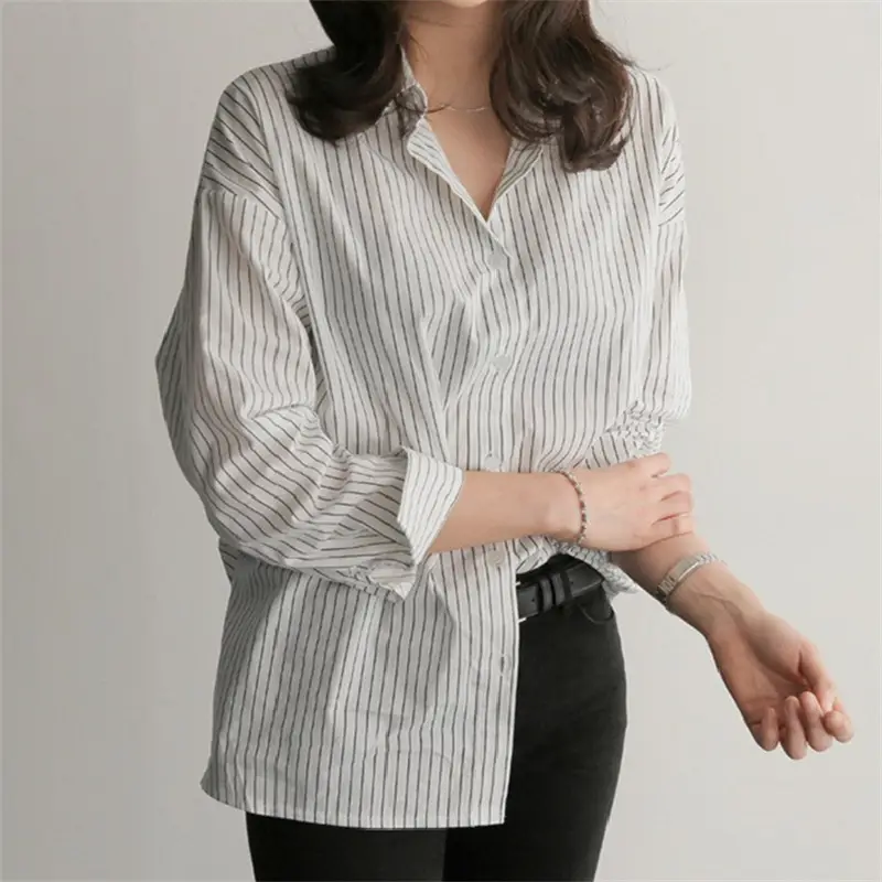 Women Blue Striped Long Sleeve Shirt Large