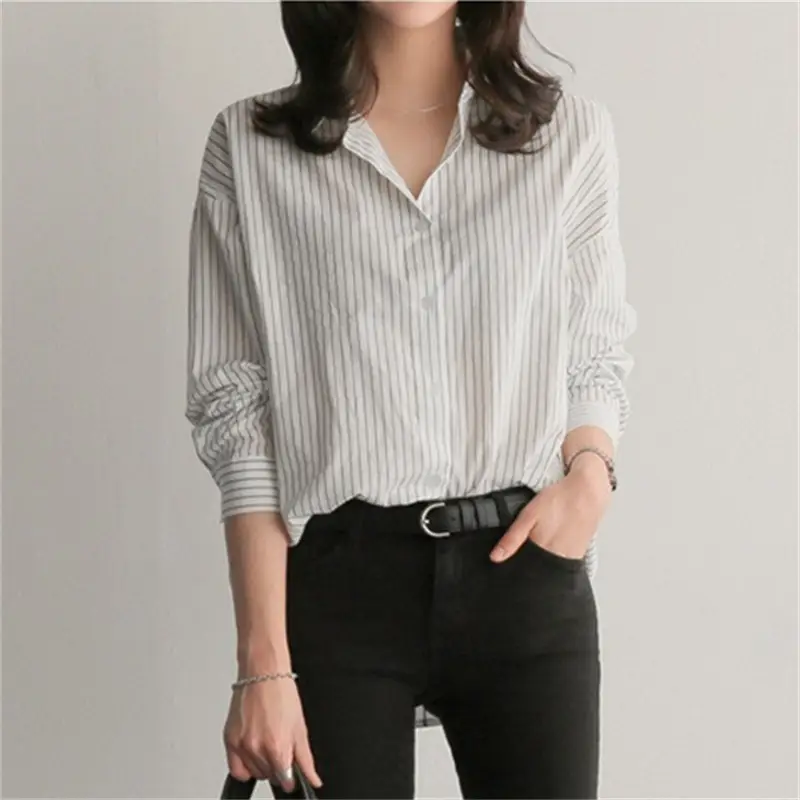 Women Blue Striped Long Sleeve Shirt Large