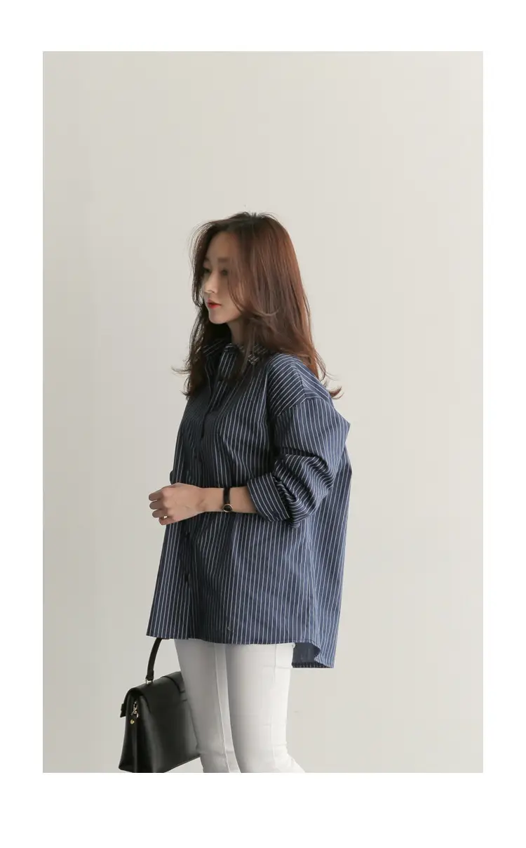 Women Blue Striped Long Sleeve Shirt Large — feature 5
