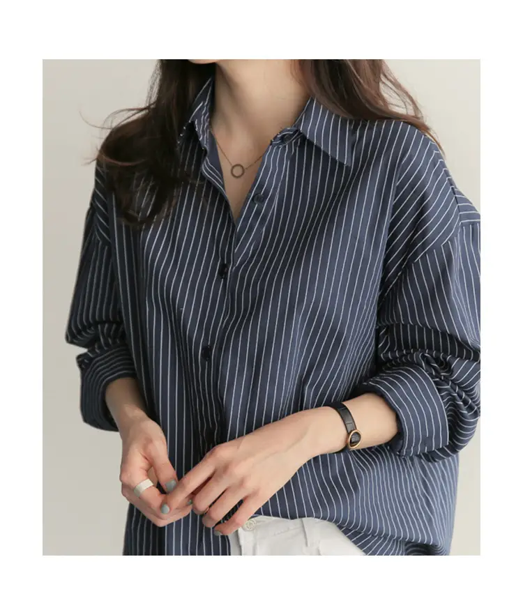 Women Blue Striped Long Sleeve Shirt Large — feature 6