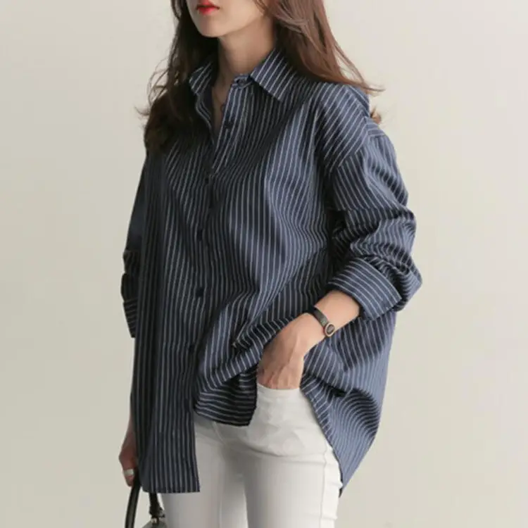 Women Blue Striped Long Sleeve Shirt Large