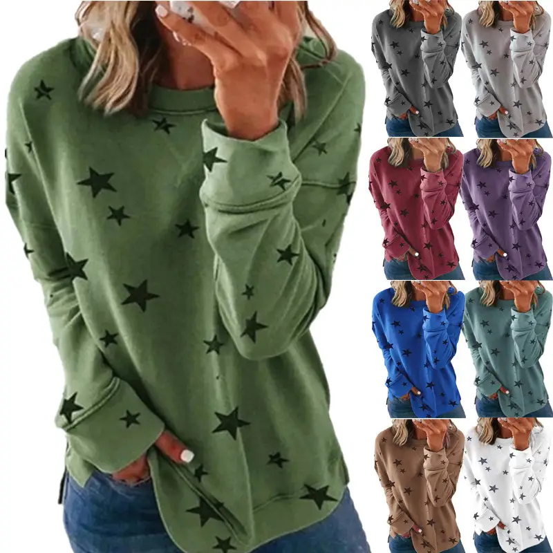 Women Blue Star Print Long Sleeve T-Shirt Large