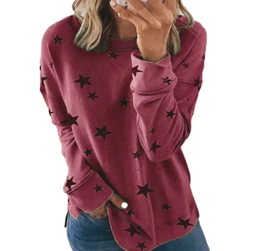 Women Blue Star Print Long Sleeve T-Shirt Large