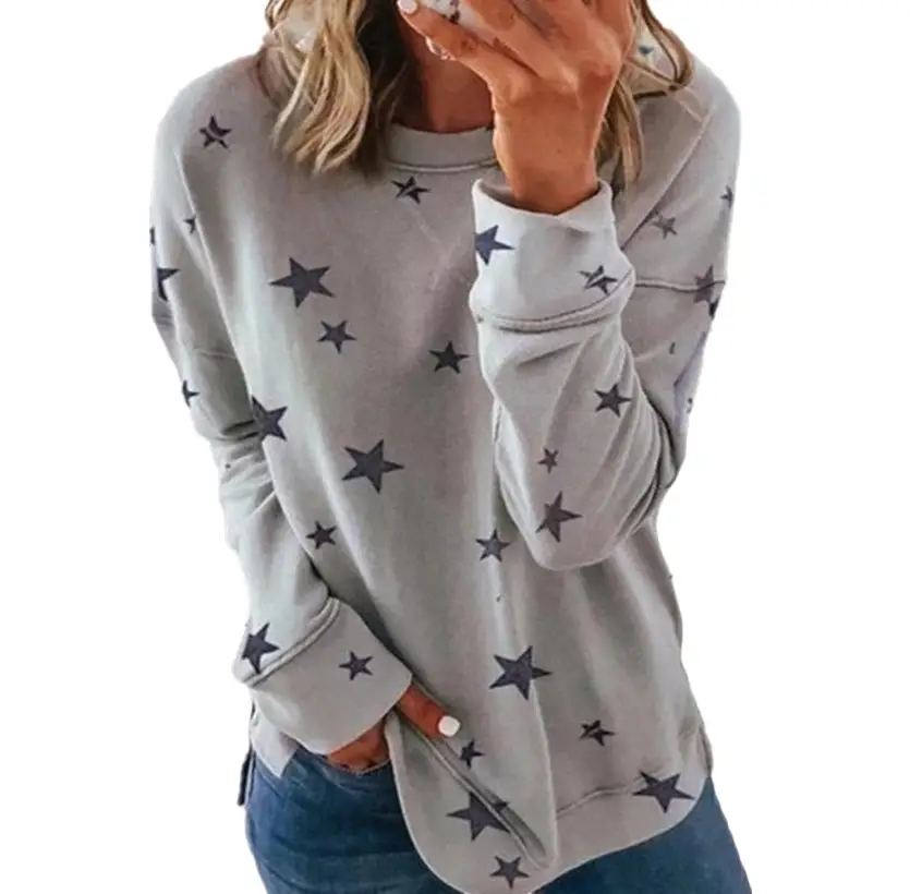 Women Blue Star Print Long Sleeve T-Shirt Large