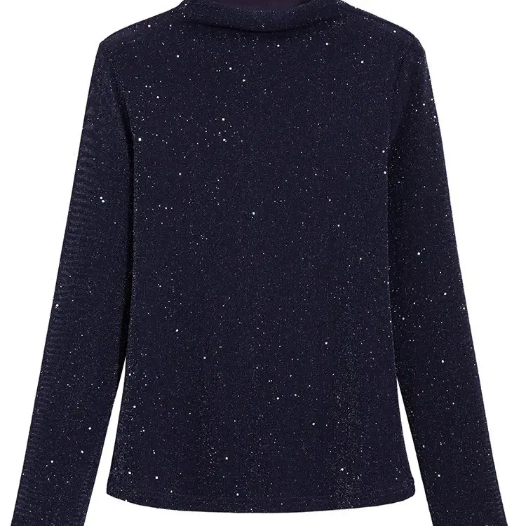 Women's Stand Collar Mesh Silk Shirt Dark Blue - Image 6