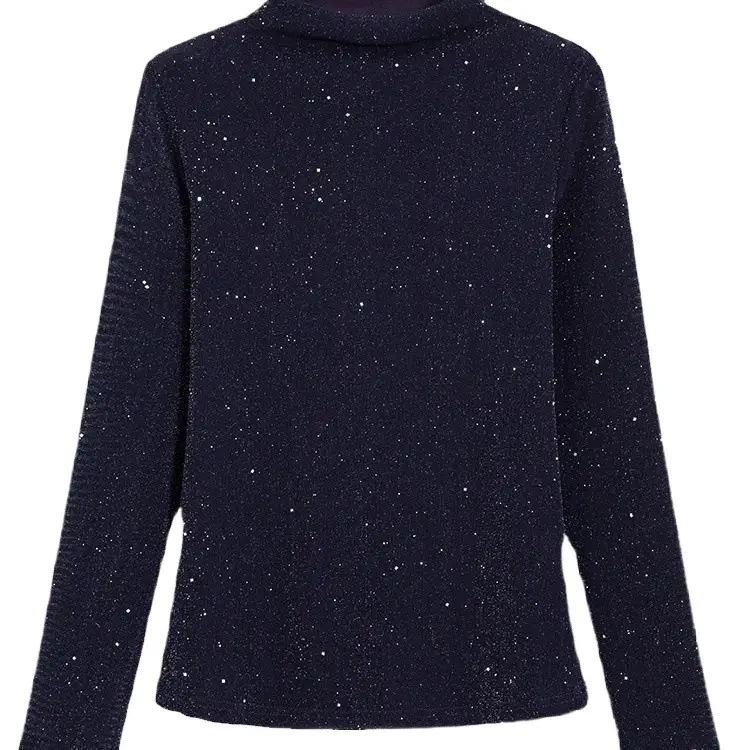 Women's Stand Collar Mesh Silk Shirt Dark Blue - Image 7