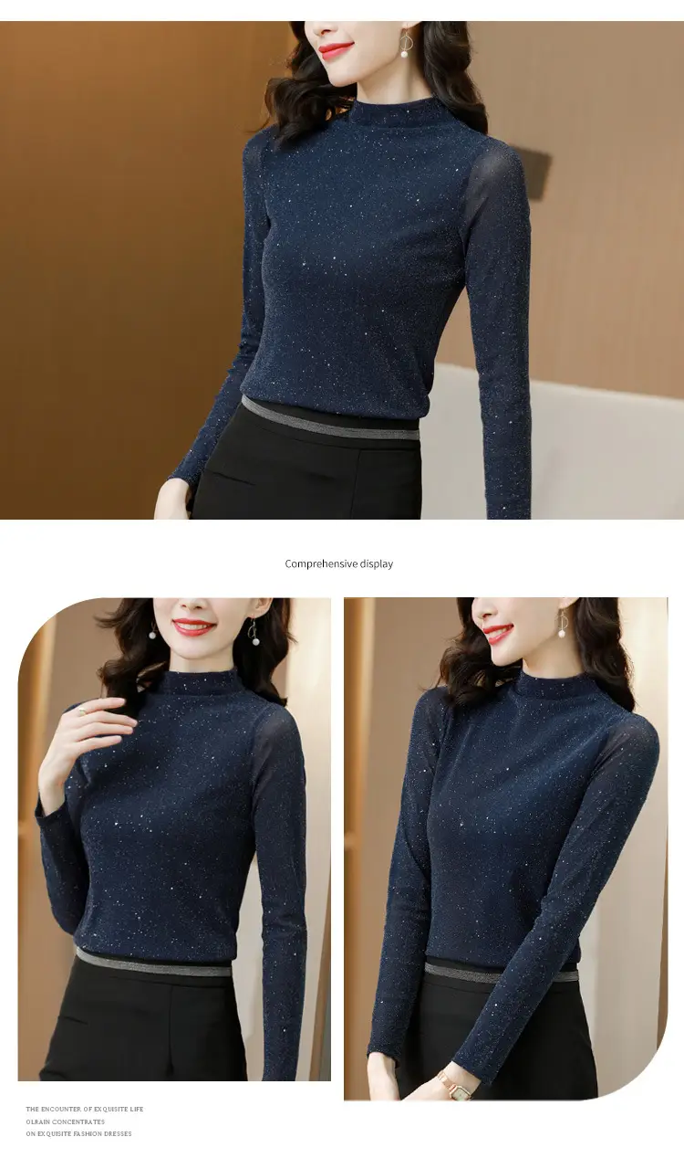 Women's Stand Collar Mesh Silk Shirt Dark Blue — feature 11