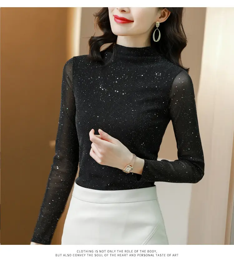 Women's Stand Collar Mesh Silk Shirt Dark Blue — feature 15