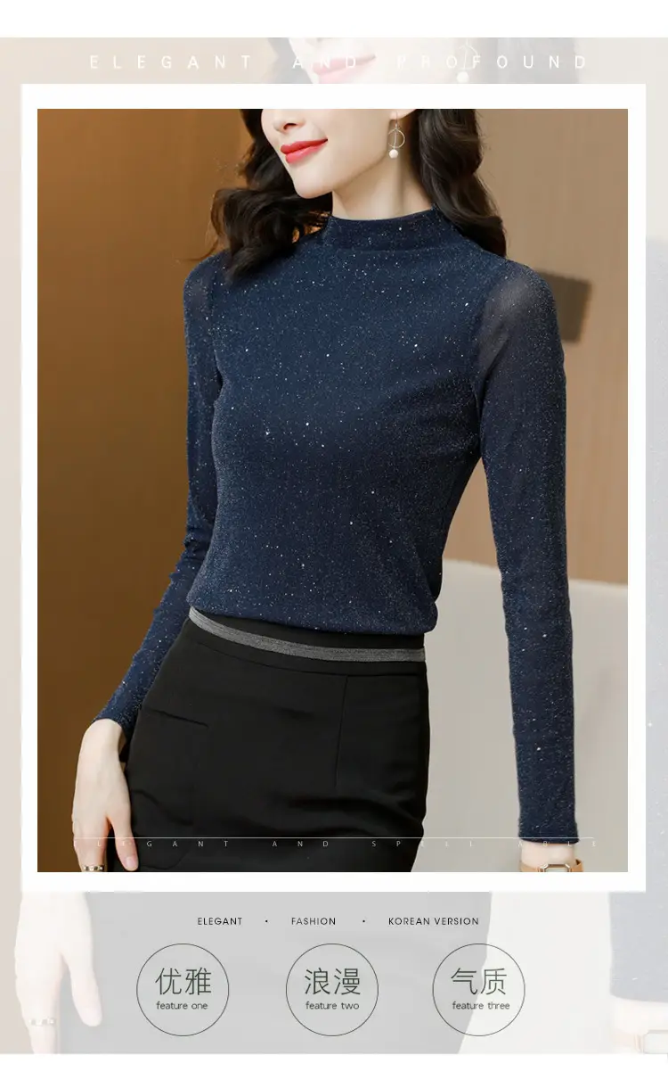 Women's Stand Collar Mesh Silk Shirt Dark Blue — feature 2