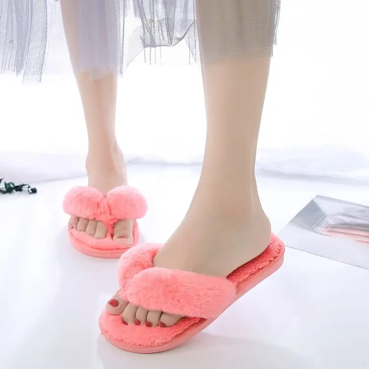 Foreign trade large size plush flip-flop flops autumn and winter home cotton slippers women's soft bottom indoor wooden floor fluffy slippers