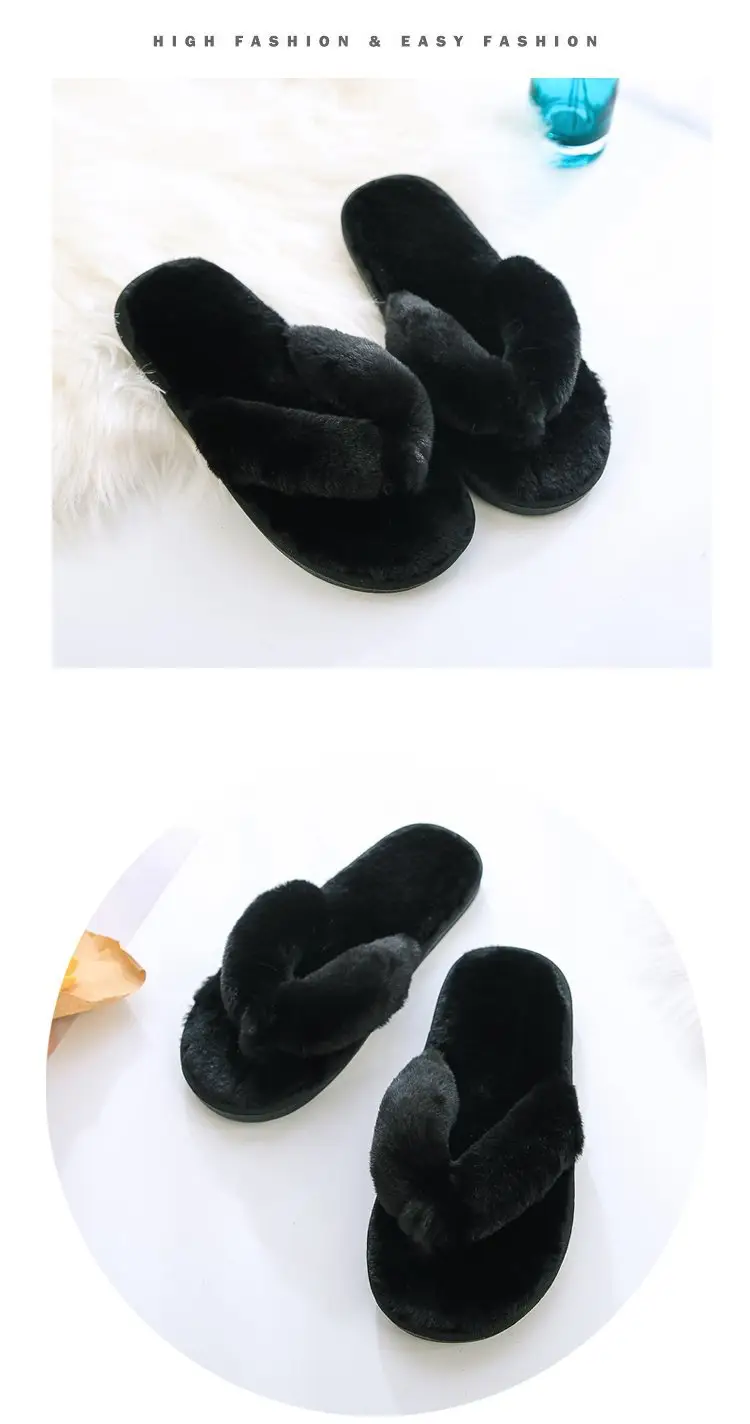 Foreign trade large size plush flip-flop flops autumn and winter home cotton slippers women's soft bottom indoor wooden floor fluffy slippers — feature 8