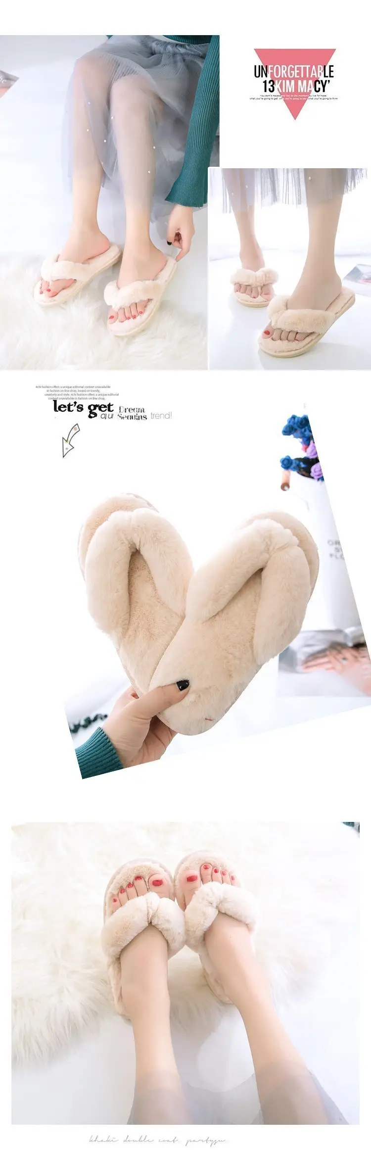 Foreign trade large size plush flip-flop flops autumn and winter home cotton slippers women's soft bottom indoor wooden floor fluffy slippers — feature 15