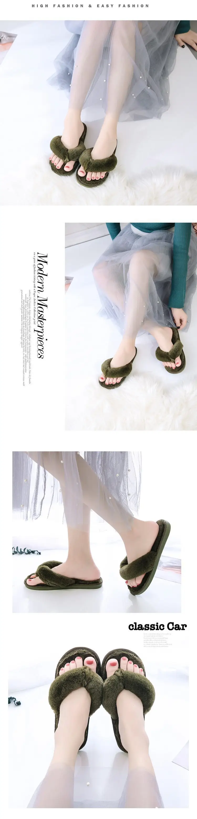 Foreign trade large size plush flip-flop flops autumn and winter home cotton slippers women's soft bottom indoor wooden floor fluffy slippers — feature 17