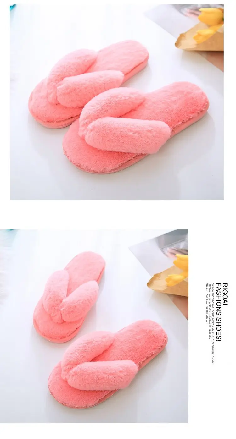 Foreign trade large size plush flip-flop flops autumn and winter home cotton slippers women's soft bottom indoor wooden floor fluffy slippers — feature 5