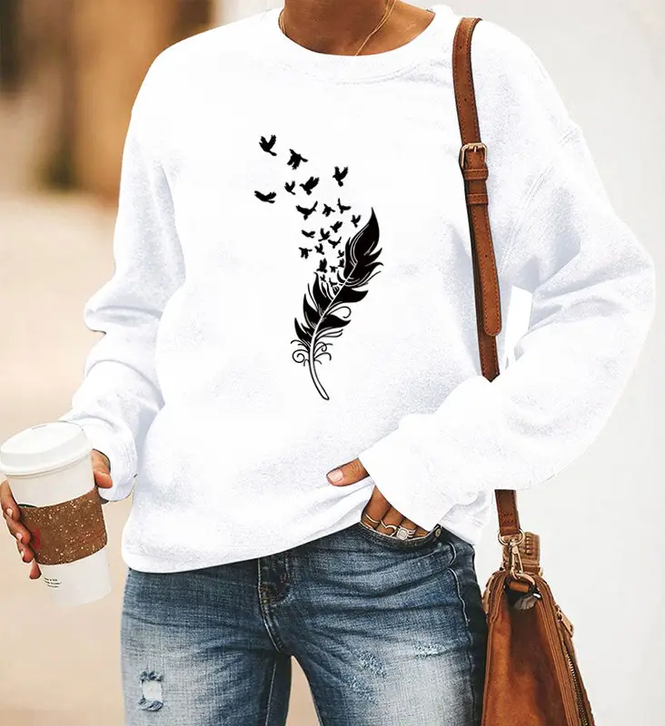 Women Red Feather Printed Long Sleeve Sweatshirt - Image 13