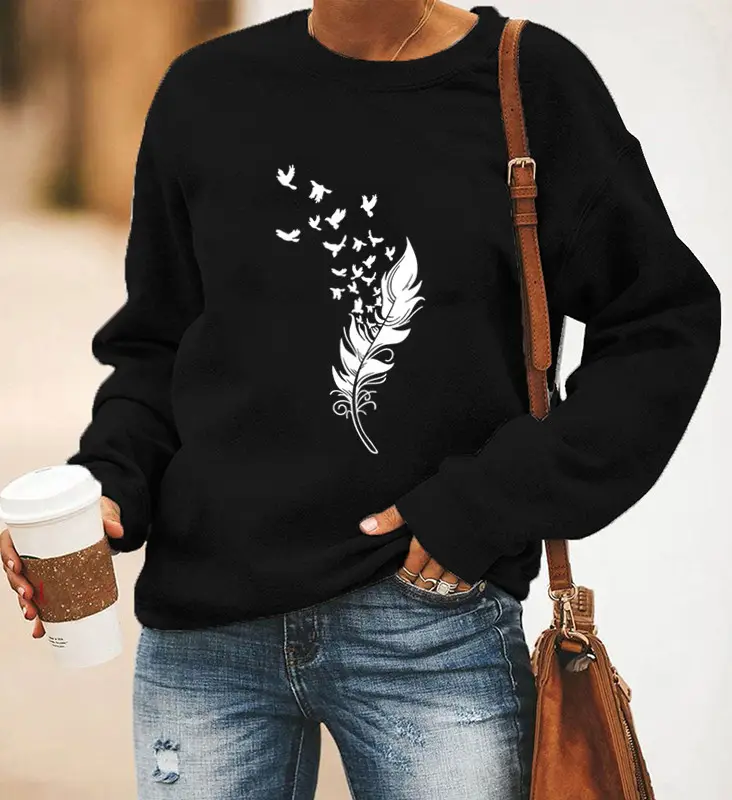 Women Red Feather Printed Long Sleeve Sweatshirt - Image 15