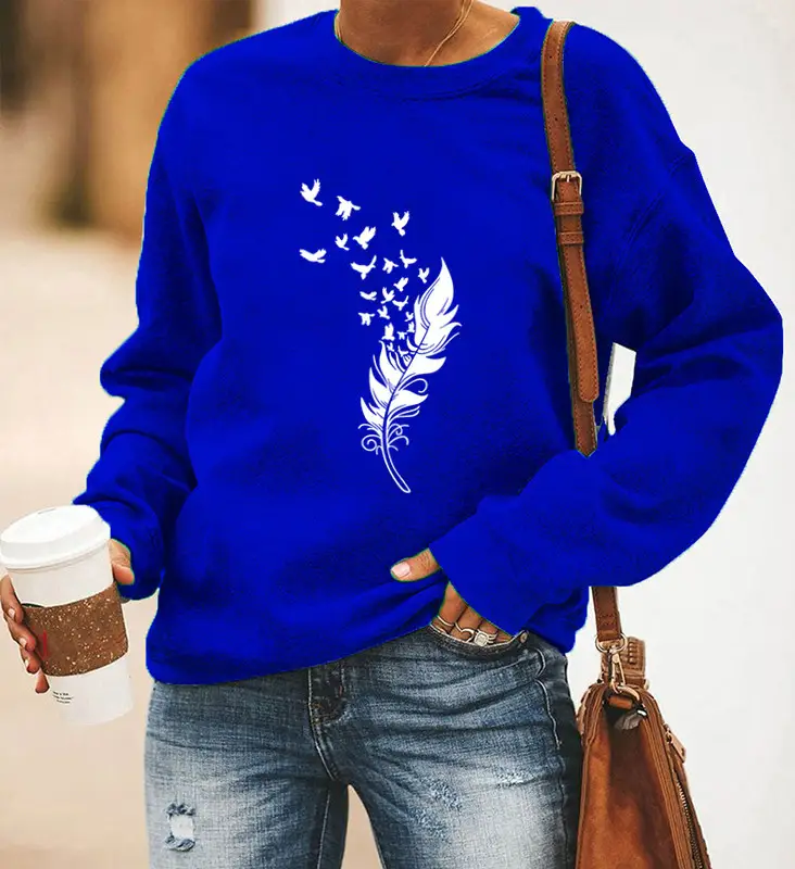 Women Red Feather Printed Long Sleeve Sweatshirt - Image 10