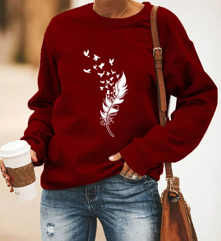 Women Red Feather Printed Long Sleeve Sweatshirt - Image 11