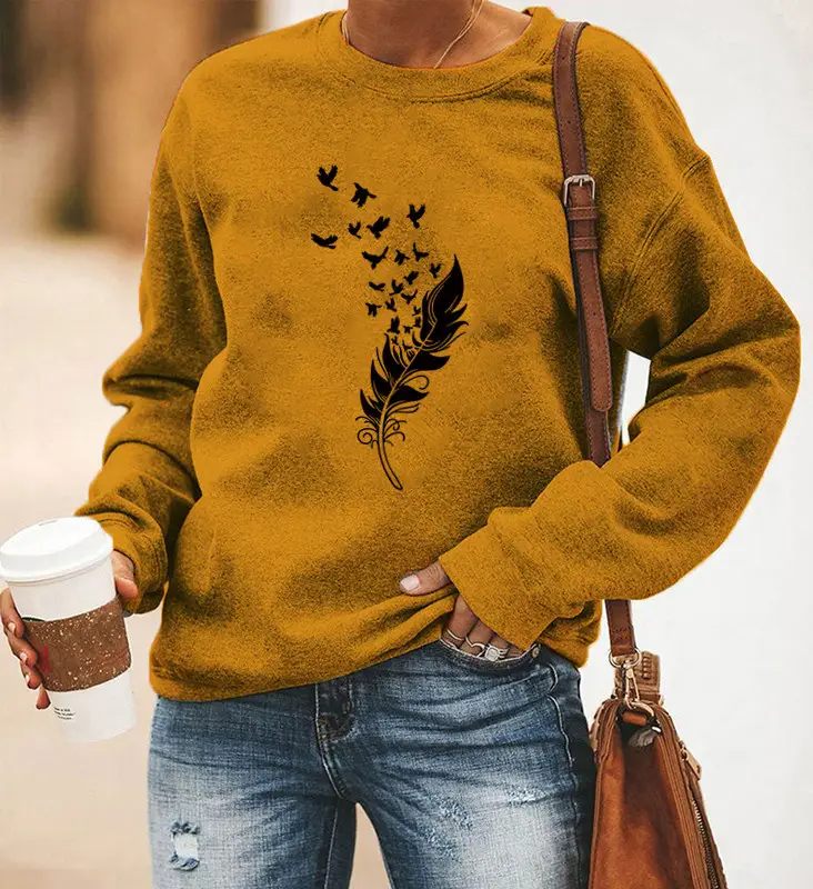 Women Red Feather Printed Long Sleeve Sweatshirt - Image 2