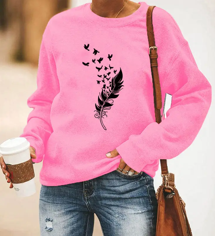 Women Red Feather Printed Long Sleeve Sweatshirt - Image 3