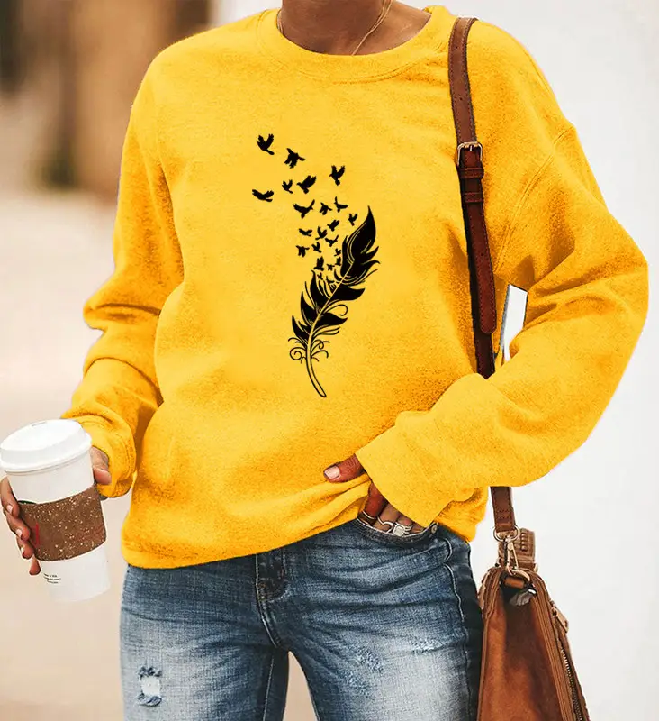Women Red Feather Printed Long Sleeve Sweatshirt - Image 4