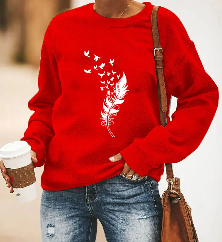Women Red Feather Printed Long Sleeve Sweatshirt - Image 5