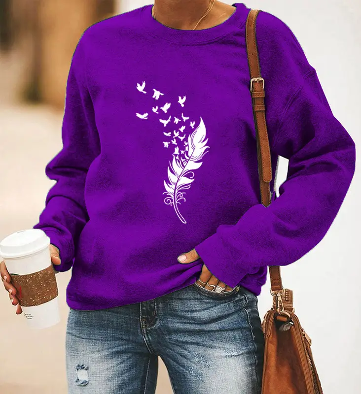 Women Red Feather Printed Long Sleeve Sweatshirt - Image 6