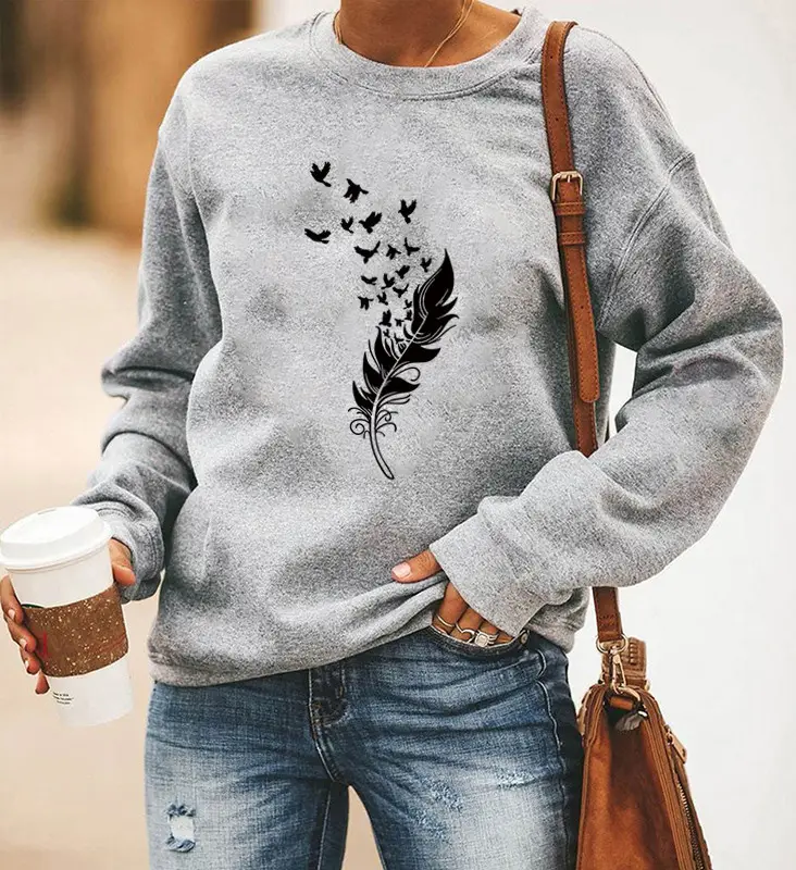 Women Red Feather Printed Long Sleeve Sweatshirt - Image 7