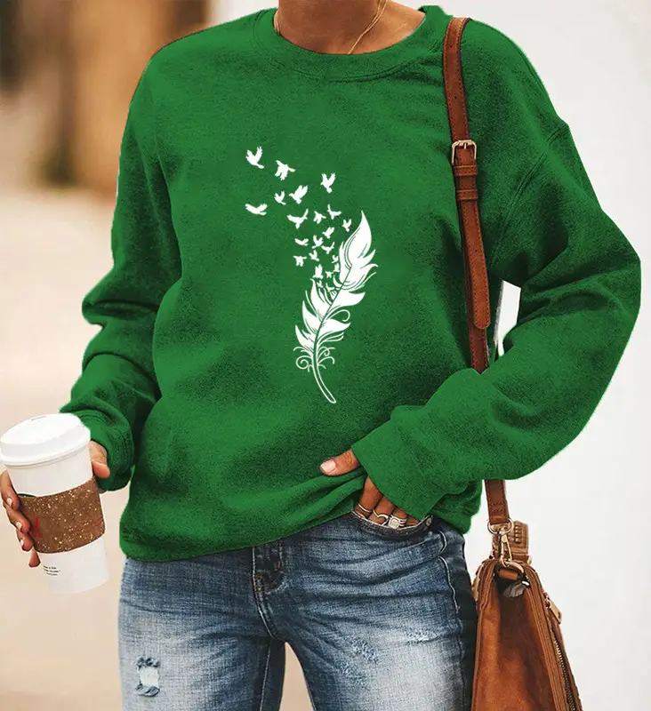 Women Red Feather Printed Long Sleeve Sweatshirt - Image 8