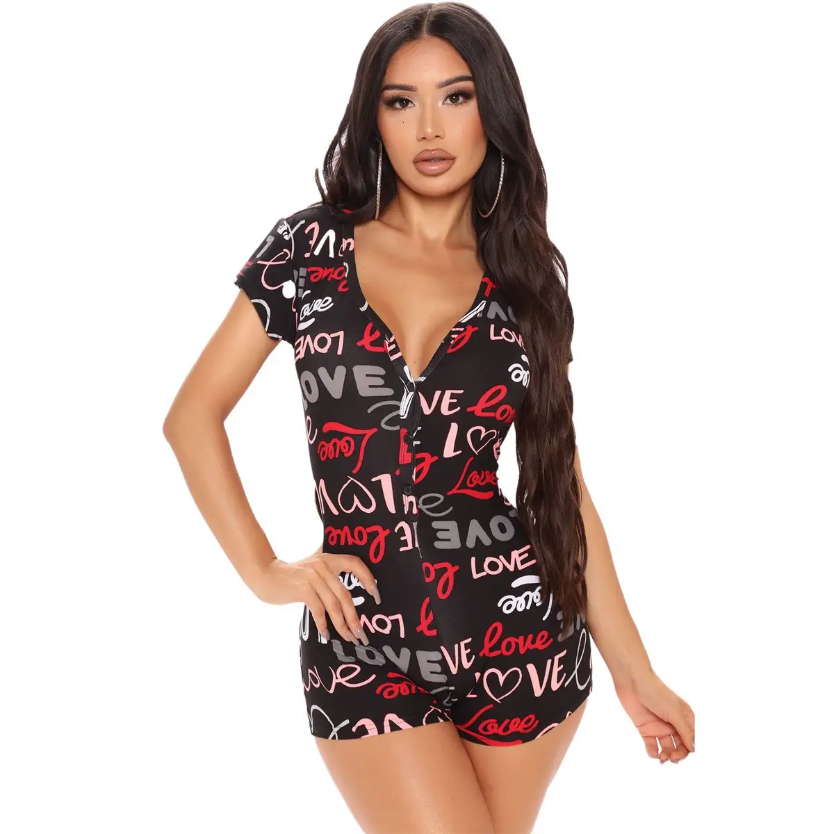 Women Printed Lipstick Pajamas Black Shorts Set - Image 9