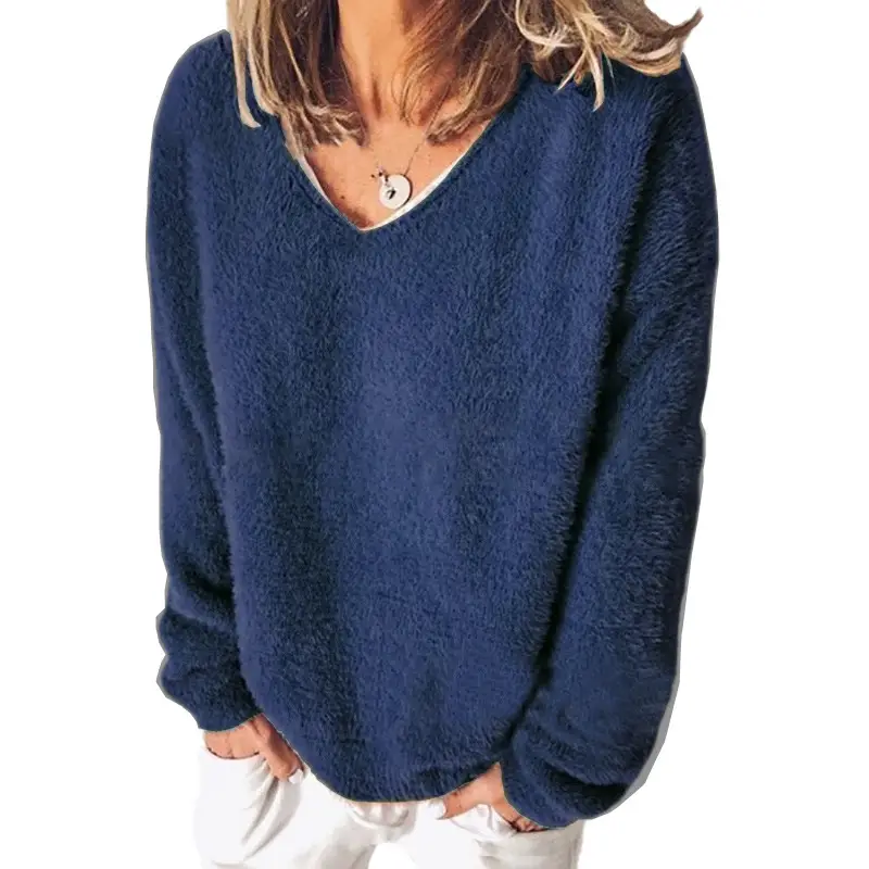 Women's 2020 Fleece V Neck Long Sleeve T-Shirt Navy Blue - Image 10