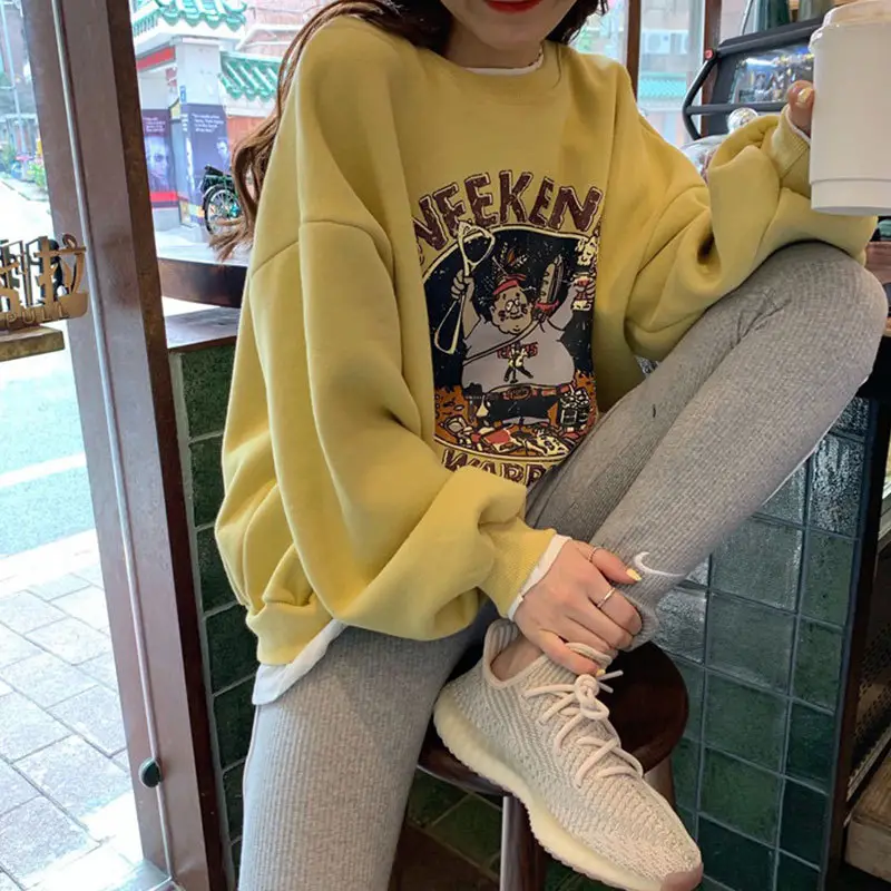 Women Fake Two-Piece Fleece Sweatshirt Yellow Cartoon Winter - Image 11