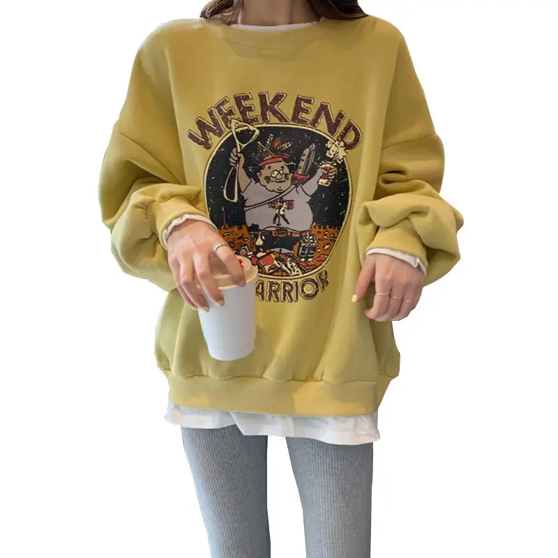 Women Fake Two-Piece Fleece Sweatshirt Yellow Cartoon Winter - Image 13
