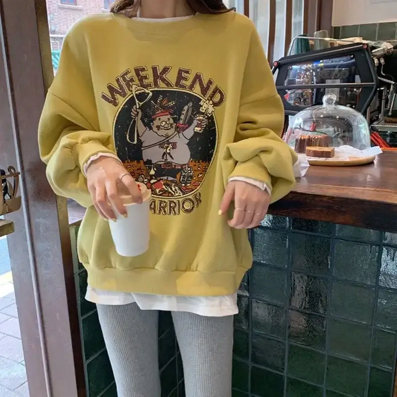 Women Fake Two-Piece Fleece Sweatshirt Yellow Cartoon Winter - Image 3