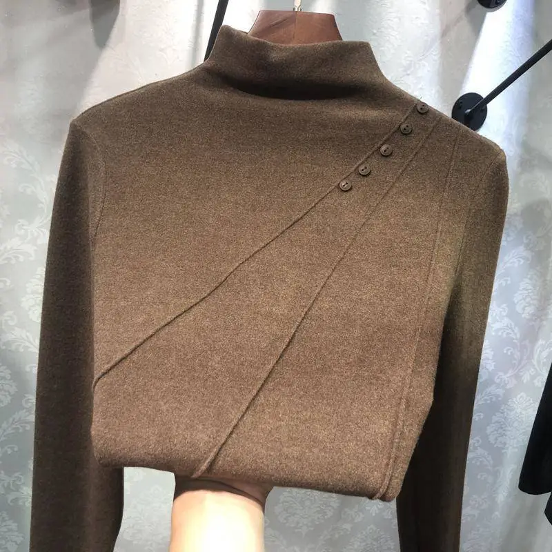 Women Velvet Fleece Shirt Brown High Collar Winter