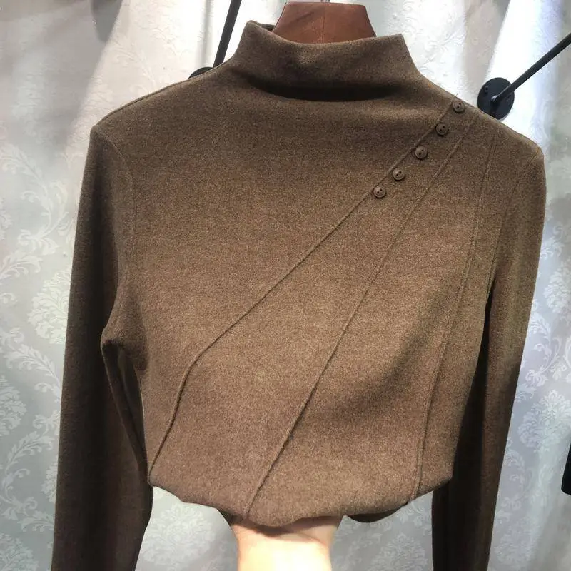 Women Velvet Fleece Shirt Brown High Collar Winter — feature 13