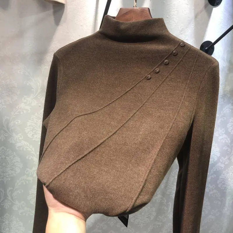 Women Velvet Fleece Shirt Brown High Collar Winter — feature 14