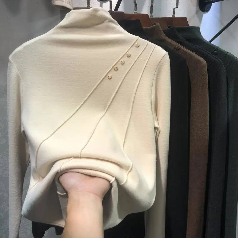 Women Velvet Fleece Shirt Brown High Collar Winter — feature 3