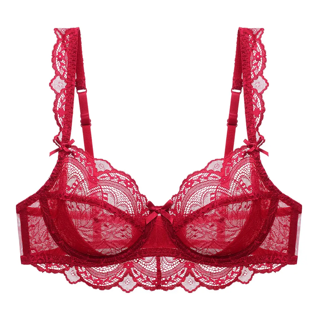 European and American Sexy Underwear Women's Ultra-thin Non-sponge Transparent plus size Bra Large Chest Small Anti-sagging Lace Bra