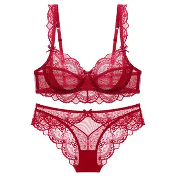 European and American Sexy Underwear Women's Ultra-thin Non-sponge Transparent plus size Bra Large Chest Small Anti-sagging Lace Bra — feature 1