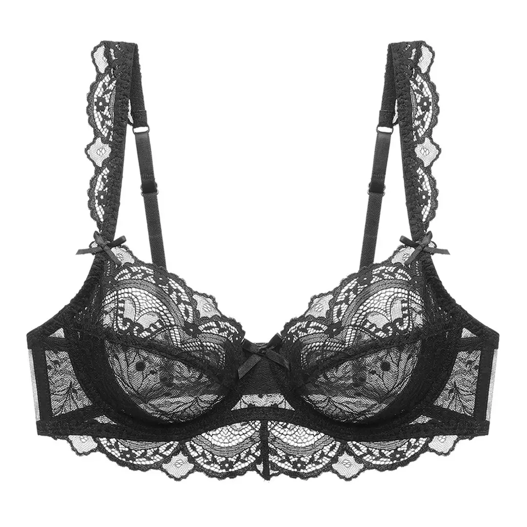 European and American Sexy Underwear Women's Ultra-thin Non-sponge Transparent plus size Bra Large Chest Small Anti-sagging Lace Bra