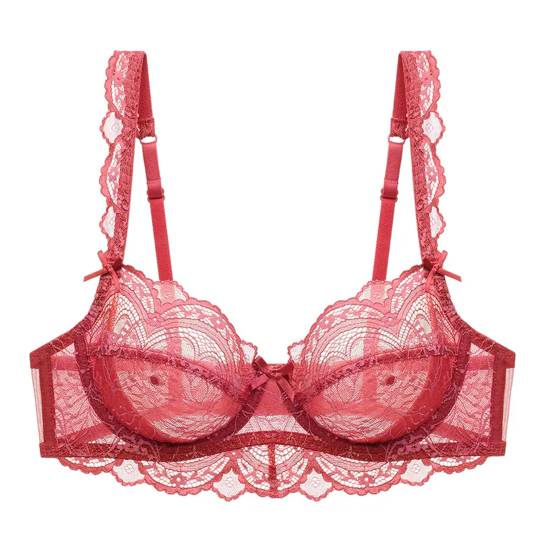 European and American Sexy Underwear Women's Ultra-thin Non-sponge Transparent plus size Bra Large Chest Small Anti-sagging Lace Bra